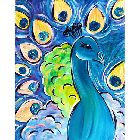 Canvas painting of a very brightly colored peacock. The head and body of the peacock are teal, while the feathers are purple and gold with lots of colorful highlights. The plumage behind the peacock's head and body is a bright green color.