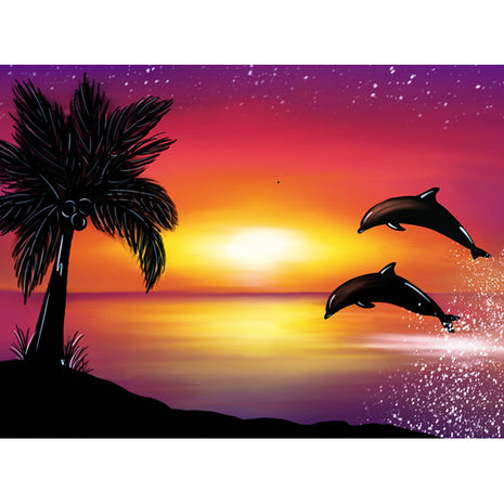 Canvas painting of a beautiful beach sunset - pink, orange, purple and yellow - with a couple of dolphins frolicking.