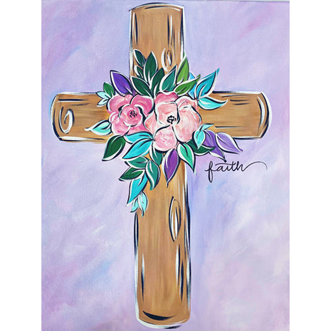 Canvas painting of a wooden cross against a light fluorescent purple background. On the cross are colorful flowers and colorful leaves. The word faith is written in script under the cross.