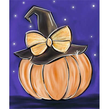 Canvas painting of an orange pumpkin with a purple background. Fun fact: the pumpkin has a black witch's hit with a large metallic gold bow.