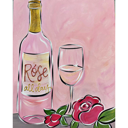 Canvas painting of a bottle of Rose' and a glass of wine. The background is a soft pink color and that color is prominent in the whole painting. There is a rose and a rose bud at the bottom of the canvas adjacent to the wine bottle and glass.
