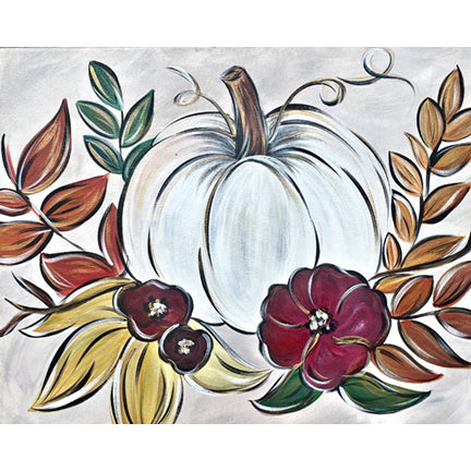 Canvas painting of a white pumpkin with fall colored greenery and flowers. This painting has nice gold and copper metallic accents.
