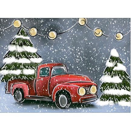 Canvas painting of a vintage red truck in the foreground with two snow covered trees in the background. Snow is falling and there are lights on a string glowing in the evening sky.