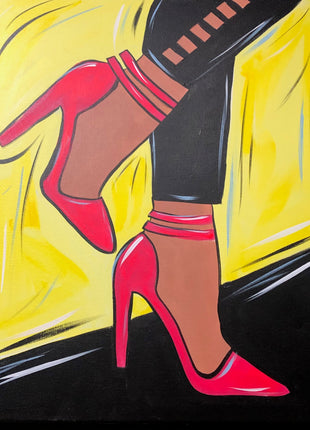 Canvas painting of a woman standing with her foot propped behind her against wall. She is wearing black pants and pink strappy heels. The background is yellow with a black floor.