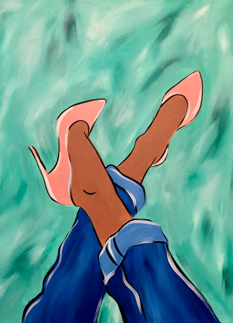 Canvas painting featuring a woman's legs and heels. She is wearing blue denim jeans and coral colored heels. The background is a minty green color with lots of green and white blended in.