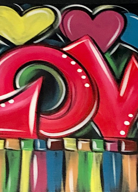 "LOVE" canvas painting with  lots of  abstract features like hearts and squares and dots in many different colors.