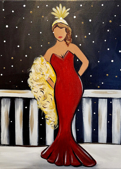 Canvas painting of a lady dressed in a red formal gown with a gold feather wrap and a gold feather headpiece. She is standing on the bow of a boat and the sky is dark blue with stars in gold and white.