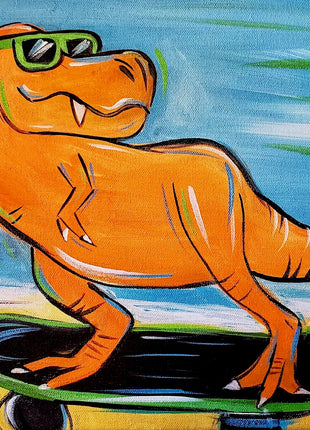 Fun canvas painting of a cartoonish -Rex dinosaur riding a skateboard. The dino is orange and the skateboard is black with colorful highlights. The dinosaur is wearing sunglasses. They are green.