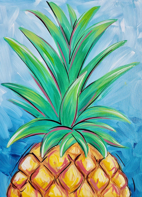Canvas painting of a colorful pineapple against a blue sky.