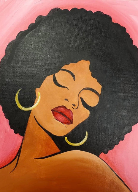 Pop art canvas painting of a woman with a black afro wearing large gold earrings. The background is pink. She is wearing bright red lipstick.