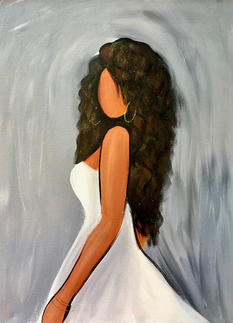 Canvas painting of a woman with long dark hair which is highlighted with gold and copper metallic paints. She is wearing a white dress, possibly a wedding dress. The background is a light gray color.