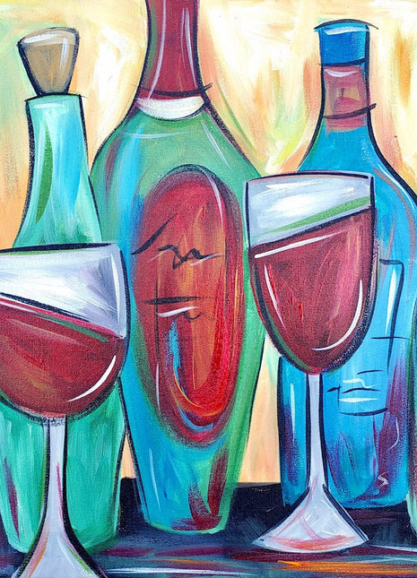 Colorful canvas painting of many different shaped bottles against a soft beige background. The main colors in the bottles are red and turqupise and green.