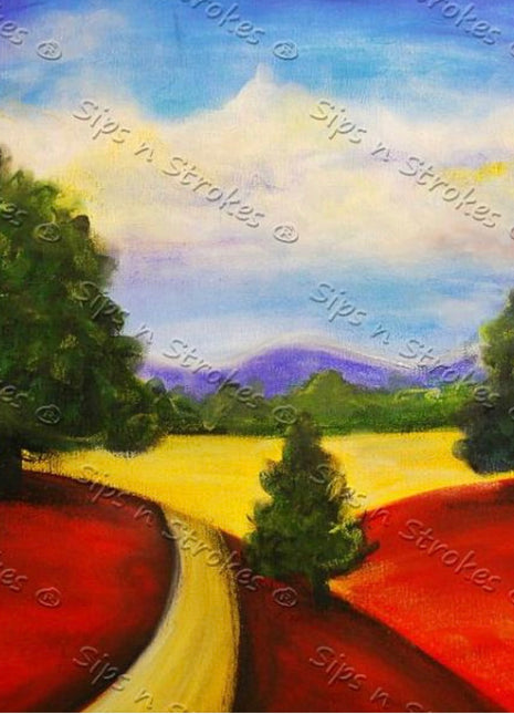 Canvas painting of an Italian landscape. The sky is blue and white and cloudy. There are hints of purple in the sky. The ground is a bright yellow with red hills. There are tree green trees as well.