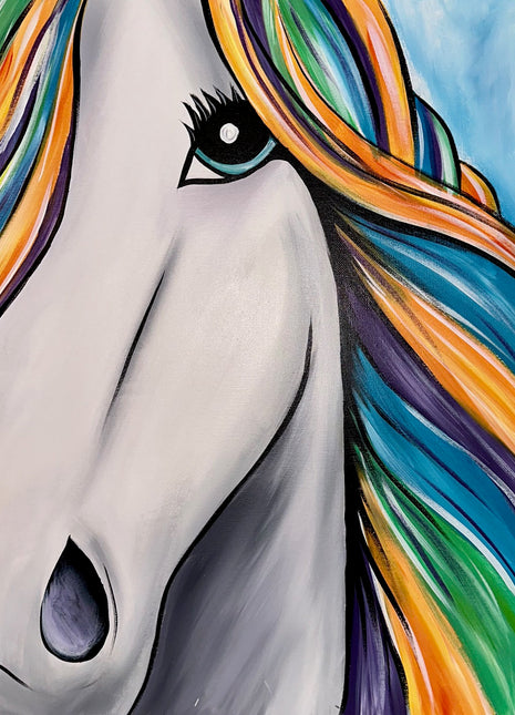 Canvas painting of a light gray horse with a very colorful mane. In the painting you only see an extreme closeup featuring half of the horse's face and his colorful mane.