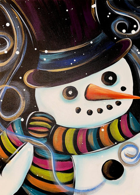 Canvas painting of a snowman with a black top hat and a colorful scarf.
