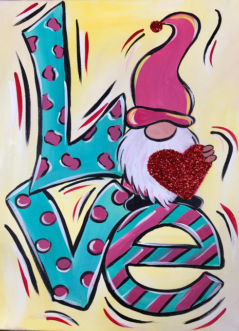 This is a canvas painting with the word LOVE. The O however is actually a gnome. His nose is the O. He is holding a red glitter heart. The letters are painted turquoise with pink stripes, dots and animal print decorating them.