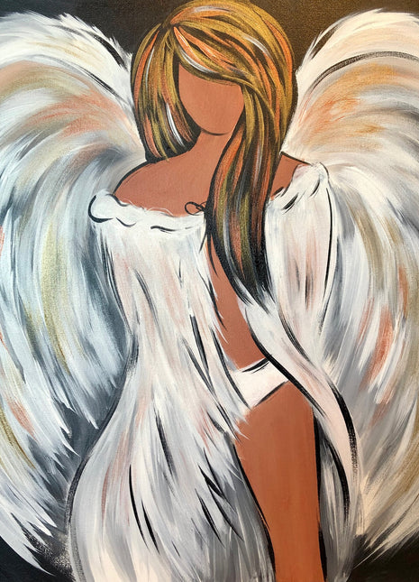 A canvas painting of an angel who is draped in a white covering and has large puffy white wings with gold and copper metallic accents. Her hair is long and it has many gold and copper accents as well. You can see parts of her body peeking out from underneath the robe.
