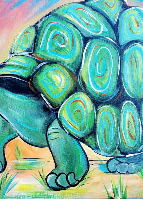 Funky canvas painting of a large tortoise. The background is colorful and evokes a sunset sky. The tortoise is a pretty teal and green color with lots of fun patterns on his shell and with lots of colorful highlights.