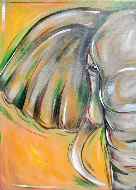 Canvas painting of an elephant. In the painting however you only see the left half of his face and trunk with his large ear flapping. He is a light gray color but he has lots of colorful highlights.