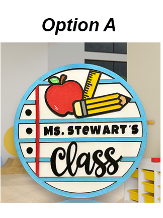 A round wooden door hanger for Teachers. It features a noteback paper-inspired background, and has an apple, a ruler and a pencil painted at top. The words Ms Stewart's Class are also on the door hanger, as it is personalized.