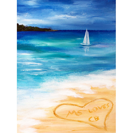 Canvas painting of a beach with a sailboat on the water.