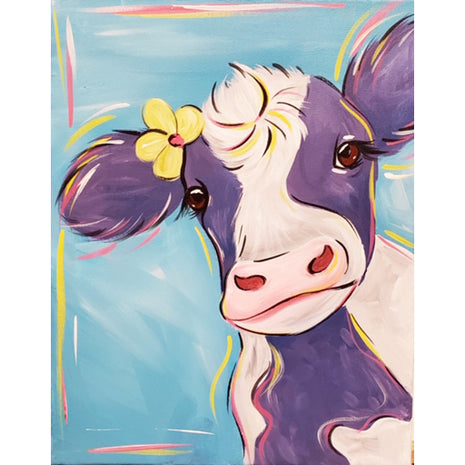 Canvas painting of a purple and white funky cow with a yellow daisy over its ear.