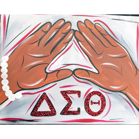 Two hands forming a triangle with the Greek letters Delta Sigma Theta underneath in red glitter.