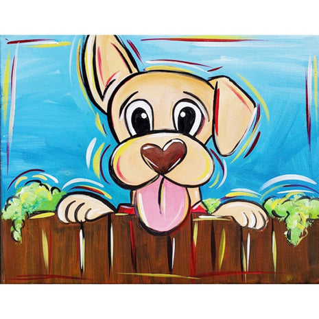 Canvas painting of a funky brown dog with floppy ears looking happily over a fence waiting for someone to throw him a ball.