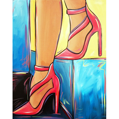 Canvas painting of a woman's legs. She is wearing pink strappy heels.