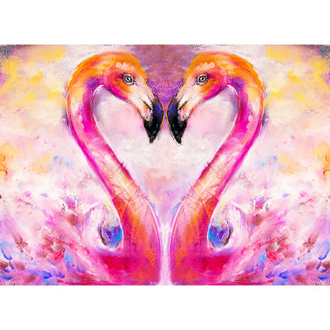 Canvas painting of two pink flamingos whose necks are forming a heart.
