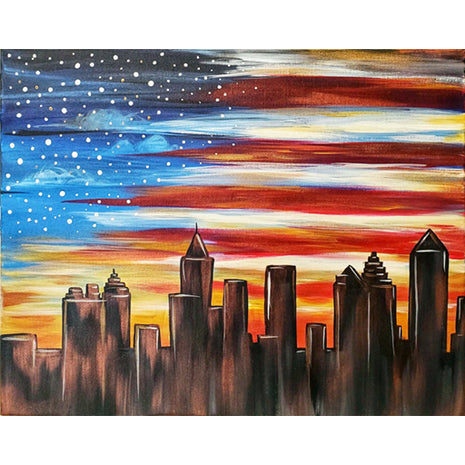 Canvas painting of a black and copper skyline silhouette against a patriotic American flag.