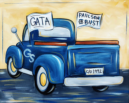 Georgia Southern themed canvas painting featuring a vintage blue pickup truck with flags reading "GATA" and "Paulson or Bust."