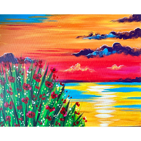 Canvas painting of a lake sunset scene.
