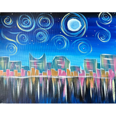 Van Gogh inspired painting of starry night over a city.