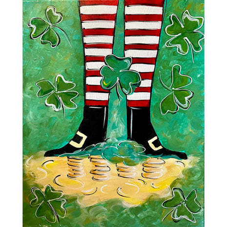 Canvas painting of a leprechaun's legs! He is wearing red and white striped tights and black shoes with large gold buckles. Gold coins are at his feet and three and four leaf clovers are floating around.