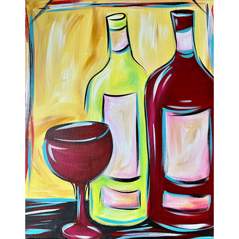 Canvas painting of two bottles of wine and a wine glass on a bright gold background with lots of accent colors.