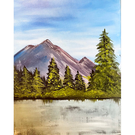 Bob Ross inspired canvas painting of a lake with trees and mountains.