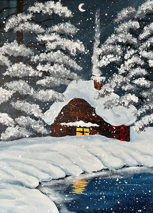 Canvas painting of a winter landscape - a cabin in the woods during a snow storm. There is a lake in the foreground, and snow drifts around it and in front of the cabin, which has a fire glowing inside and smoke coming from the chimney.