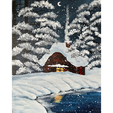 Canvas painting of a winter landscape - a cabin in the woods during a snow storm. There is a lake in the foreground, and snow drifts around it and in front of the cabin, which has a fire glowing inside and smoke coming from the chimney.