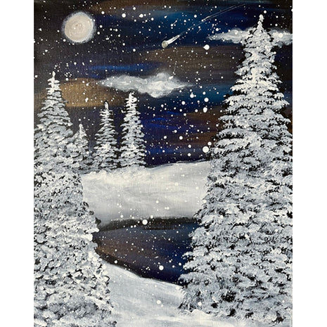 Canvas painting of a lake in the forest during winter. It's night time in this painting, and the sky is a dark blue with shades of metallic gold. There is a lake in the foreground, with snow drifts piled high. There are several tall trees covered in snow. The moon is high in the sky and there is a falling star.