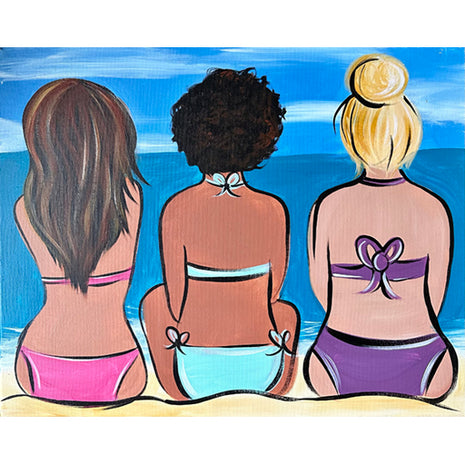 Canvas painting of three girlfriends in swimwear sitting on the sand staring at the ocean.