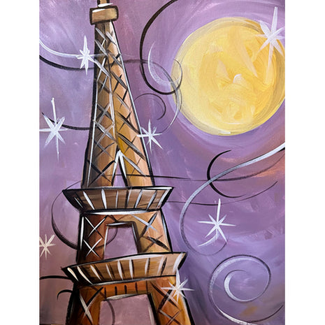 Canvas painting of the Eiffel Tower (a simplistic version) in the foreground with a large yellow and gold moon and a purple fluorescent sky in the background.