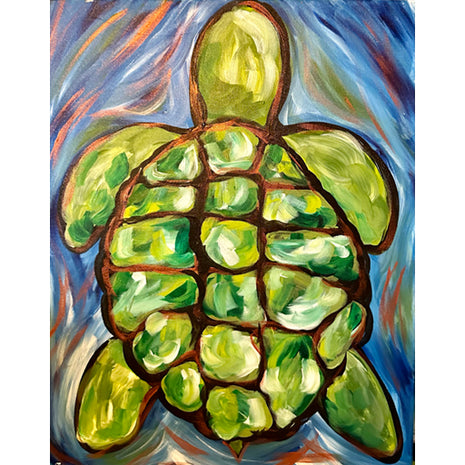 Canvas painting of a green turtle with intricate designs in shell.