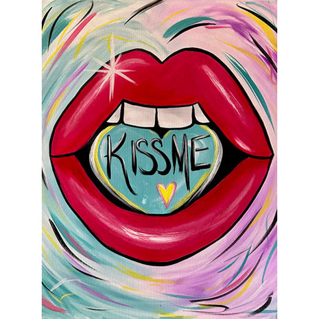 Canvas painting of pop art-style lips with bright red lipstick. The lips are open to reveal that between the teeth is a heart-shaped conversation heart candy which reads "kiss me." The background is very colorful and features purple and teal with many other colors as accents.