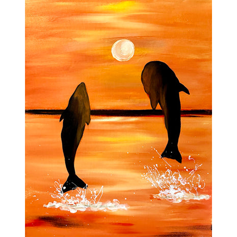 Sunset painting with oranges and yellows with moon in background and two dolphins jumping out of the water in foreground.