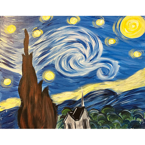Canvas painting of a simplistic re-creation of Van Gogh's famous painting Starry Starry Night.