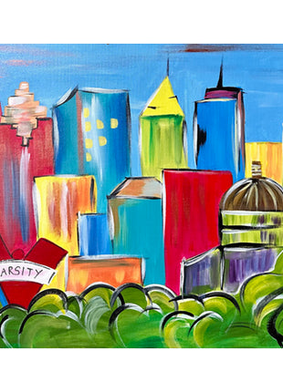 Canvas painting of a fun and funky Atlanta skyline. The buildings are loosely based on the buildings in Atlanta's downtown region, but they are very basic shapes. There are green areas representing trees and other greenspace areas in front of the buildings. Among the most recognizable buildings are the Capitol building with its Gold Dome and the Varsity restaurant.