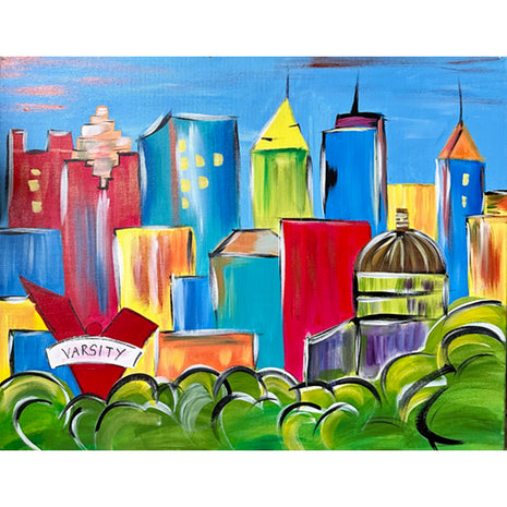 Canvas painting of a fun and funky Atlanta skyline. The buildings are loosely based on the buildings in Atlanta's downtown region, but they are very basic shapes. There are green areas representing trees and other greenspace areas in front of the buildings. Among the most recognizable buildings are the Capitol building with its Gold Dome and the Varsity restaurant.