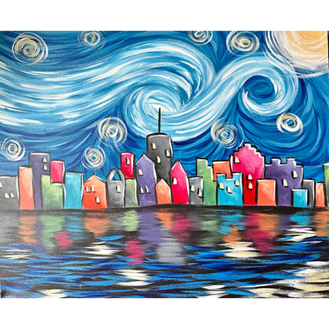 Canvas painting of a city version of starry night. The painting has many buildings painted in blues and reds and purples, orange and green and yellow. There is a large moon in the upper right hand corner, and and the familiar starry night wind dancing across the canvas. Yellow swirly stars are also present.