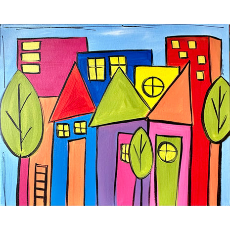 Canvas painting of a fun and funky town - many buildings of different shapes and it's very very colorful.